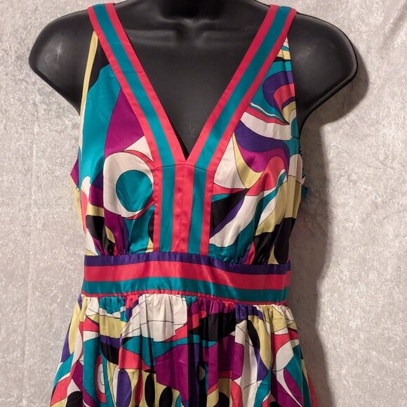 ECI NEW YORK Silk Colorful V Neck Dress Waist Tie Ruching Waist Size 10 - Picture 4 of 9